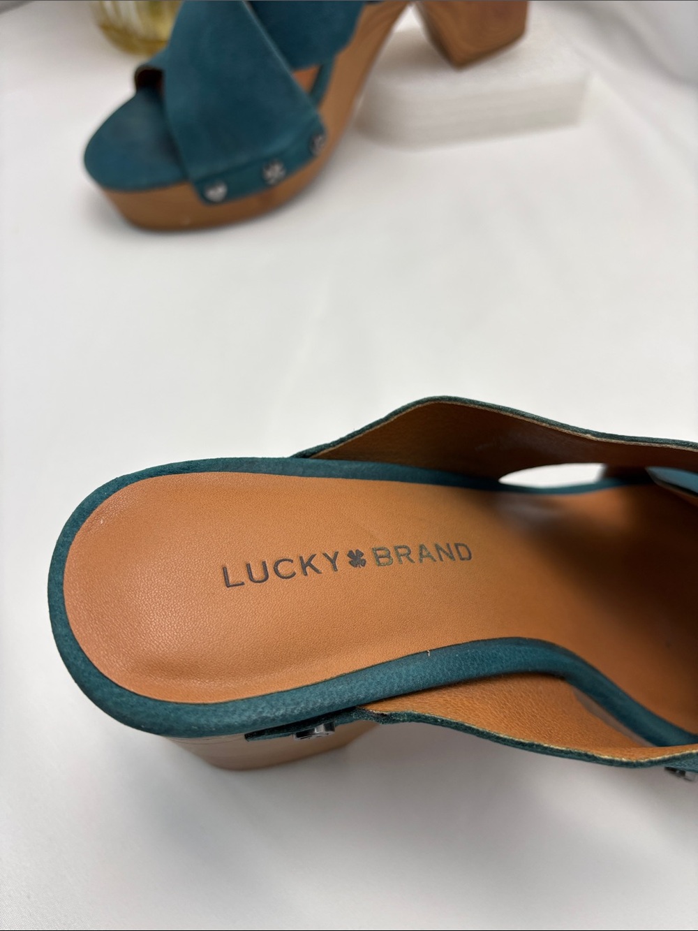 Lucky Brand Women’s 6 Teal Crisscross Leather Platform Mules #355 - Picture 2 of 12